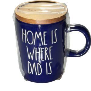 Rae Dunn Black Ceramic Mug w/Wooden Lid "Home Is Where Dad Is"  Dishwasher Safe